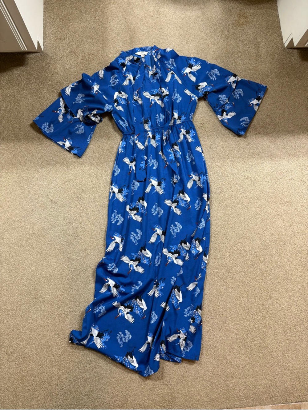 Yumi Japanese Crane Blue Crane-Print Long Sleeve Maxi Dress